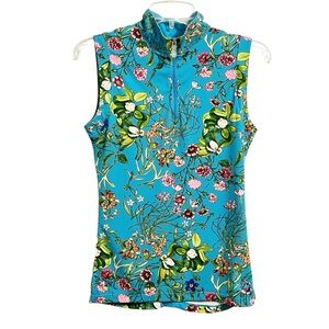 Kastel Womens Botanical 1/4 Zip Activewear Top S Blue Ruched Back Performance